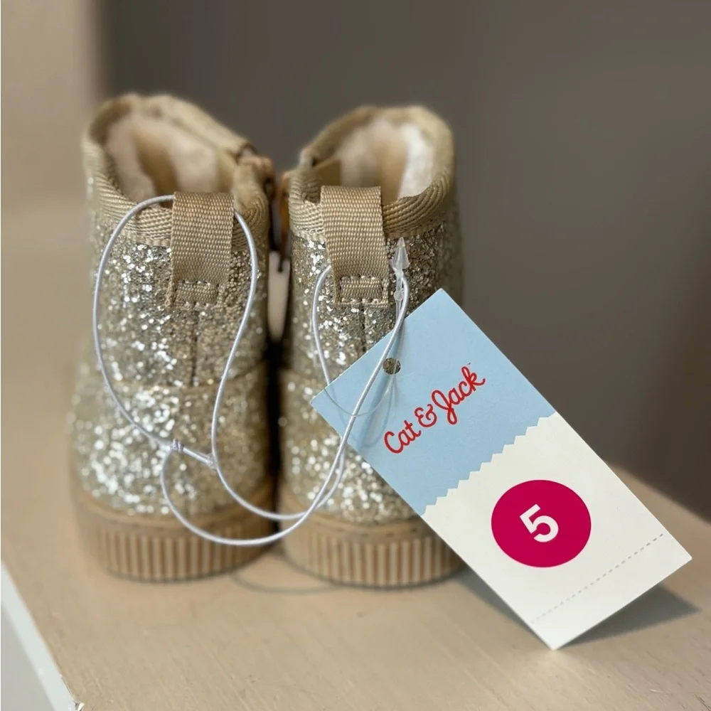 Cat and Jack Toddler Girls Arlo Zipper Shearling Winter Boot Gold Glitter Sz 5c